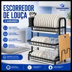 Escorredor de Louça 2 Andares em Aço Inox Porta Pratos e Talheres