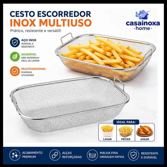 Cesta Escorredora de Óleo Inox com Alça para Fritura Batata Pastel e Salgados
