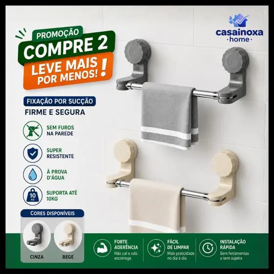 Porta Toalha de Banheiro com Ventosa Forte Sem Furos Fácil Instalação