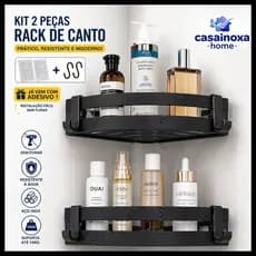 Kit 2 Prateleiras de Banheiro Sem Furos Organizador de Shampoo Canto ABS Resistente Com Ganchos