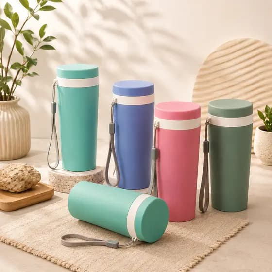 Kit 10 Copos Térmico 350ml Em Fibra De Bambu Com Alça Escola Bicicleta