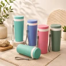 Kit 10 Copos Térmico 350ml Em Fibra De Bambu Com Alça Escola Bicicleta