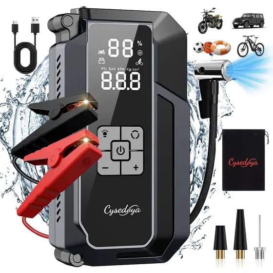 Arrancador de Carro com Compressor de Ar Portátil, Carregador e Powerbank 3 em 1 – SOS
