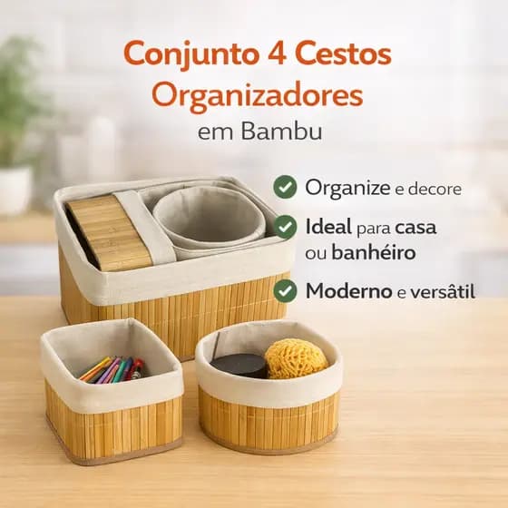 🔥 Kit 4 Cesto Organizador Multiuso Bambu Luxo Cozinha Banheiro Quarto