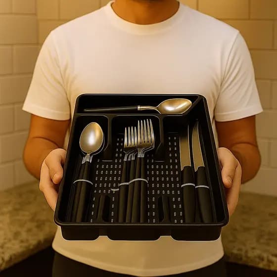 🔥 Faqueiro Completo 17 Peças Com Porta Talher Gaveta Cozinha Luxo Preta