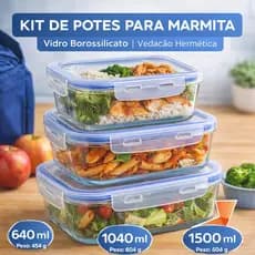 Kit Jogo Pote Hermético Marmita Vidro Tampa Trava 640ml 1040ml 1500ml Premium Fitness