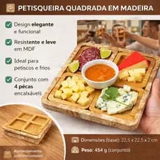 Conjunto Petisqueira quadrada 4 peças tábua petiscos Frios queijos