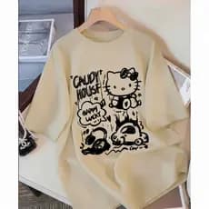 Camiseta Algodão Feminina Hello Kitty Fofa Casual Street Confortável Estilosa Camisa Manga