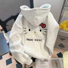 Moletom Canguru Flanelado  Algodão Confortável  Hello Kitty Contorno Retro Streetwear Unissex