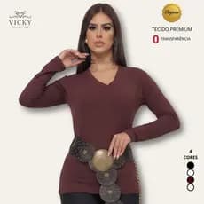Blusa Feminina Manga Longa Gola V Segunda Pele Basica Elegante Casual