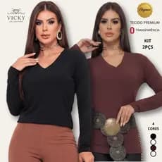 Kit 2 Blusas Feminina Manga Longa Gola V T-Shirt Segunda Pele Elegante Casual