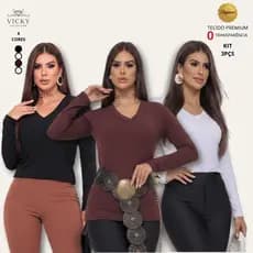 Kit 3 Blusas Feminina Manga Longa Gola V Segunda Pele Basica Elegante Casual