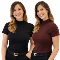 Kit 2 Blusas Feminina Estilosa Ribana Canelado Manga Curta Gola Alta Premium Casual Tendência Verão