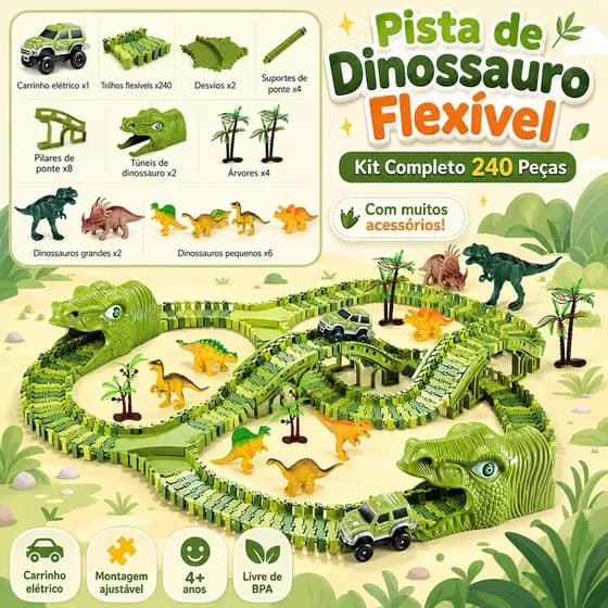 Circuito Jurássico Infantil 240 Peças Pista Ajustável com Carrinho Elétrico e Dinossauros 4+