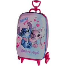 Mala Infantil Stitch e Angel 3D Com Rodinhas Mochila Escolar Viagem Criança Resistente Colorida