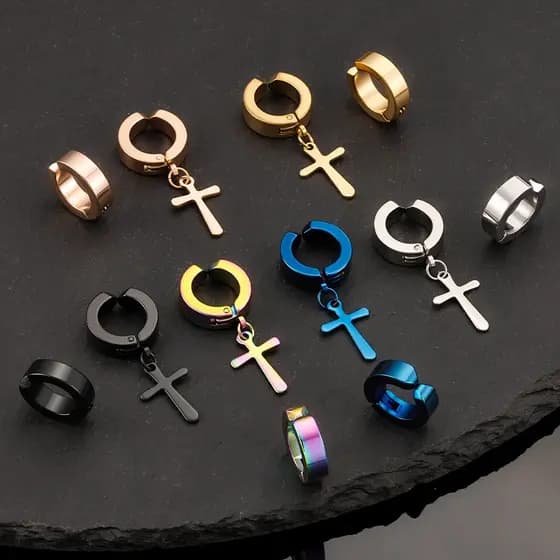 Brincos de pressão de anel de aço inoxidável, cruz, estilo masculino