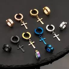 Brincos de pressão de anel de aço inoxidável, cruz, estilo masculino