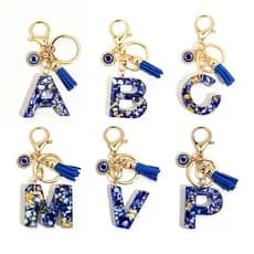 A-Z Resina Recheada Com Lantejoulas De 26Letter Keychain Fashion Blue Tassel Butterfly Pendant Anel Chaveiro Para Mulher