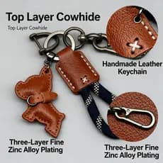 Chaveiro de couro genuíno feito à mão, cordão Anti-perda, pingente de buldogue francês, chaveiro de carro, corda trançad