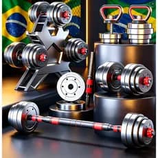 Kit Treino Funcional 15kg Halteres Barra Supino Kettlebell Preto