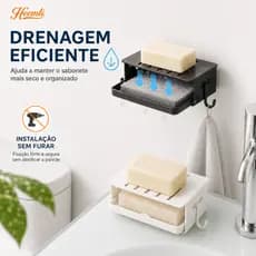 Saboneteira Heemli com Dreno Alumínio sem Furo Gancho Banheiro Cozinha