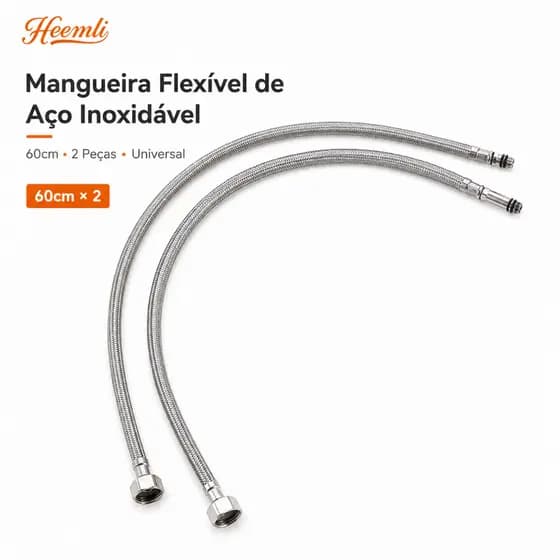 Kit 2 Mangueiras Flexíveis de Aço Inox 60cm para Torneira Quente e Fria 1/2 Anti Explosão Heemli