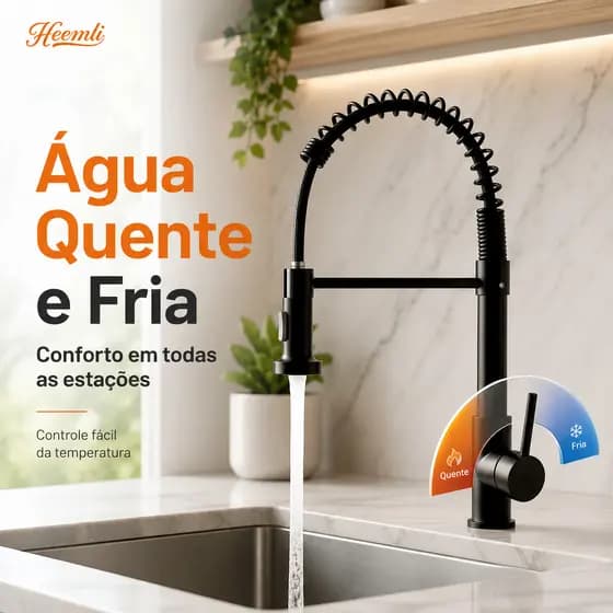 Heemli Torneira Gourmet de Cozinha com Mola para Bancada Quente e Fria Dupla Função Inox Preta 360°