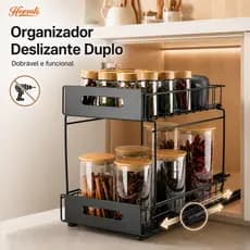 Prateleira Deslizante Heemli para Armário Aço Carbono 2 Andares Cozinha Pia