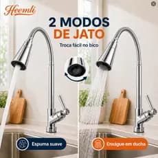 Heemli Torneira Gourmet Cozinha de Mesa Flexível 360° Cromada Água Fria 2 Modos de Jato