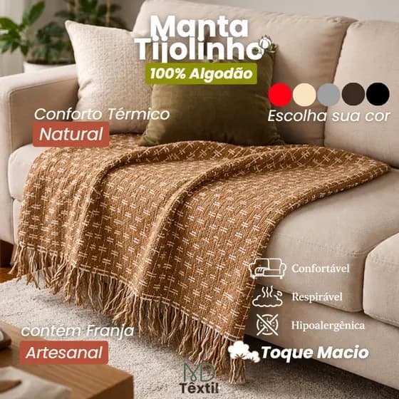 Manta para Sofá Tijolinho Decorativa Grande 1,80m x 2,40m 100% Algodão Várias Cores