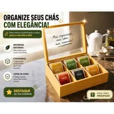 Caixa Organizadora De Chás em Bambu/MDF Porta Sachês 6 Divisórias Especiarias Artesanato Bijuterias