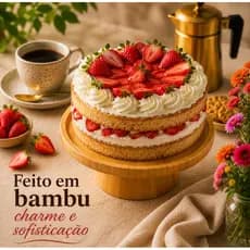 Prato Para Bolo Com Pé Base Boleira Bambu 20x7cm Redondo