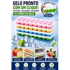 Kit 2 3 4 Formas De Gelo 14 Cubos com Tampa Fundo Flexível Silicone Cores Aleatórias Papinha Drinks