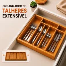 Organizador Porta Talheres MDF Cor Bambu Extensível Organizador de Gavetas com 7 Divisórias Grande