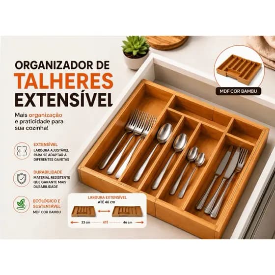 Porta Talher Extensível Ajustável Organizador de Talheres Bambu 7 Divisórias Faqueiro Madeira