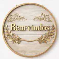Placa Decorativa Bem vindo Redonda Luxo Madeira e Dourado ou Floral Porta Entrada