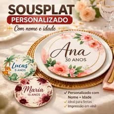 Kit Sousplat MDF Personalizado 35cm Nome Idade Tema Mesa Posta Decorativa