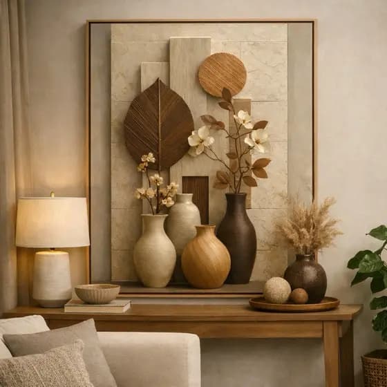 Quadro Decorativo Sala Moderna Tons Terrosos  Elegante com Vasos Decoração Sofisticada Sala Quarto