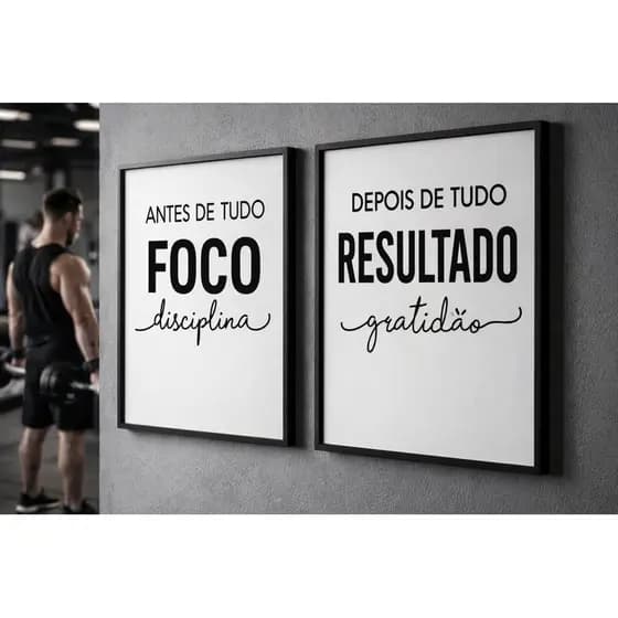 Kit 2 Quadros Decorativos Academia Foco Resultado Motivacional Fitness Sala Quarto Sem Moldura