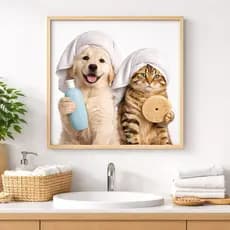 Quadro Decorativo Pet Spa Gato e Cachorro 30x30 Colorido Banheiro Lavabo Fofo Moderno