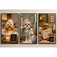 Kit 3 Quadros Decorativos Cachorros Engraçados Banheiro Spa Pet Moderno MDF