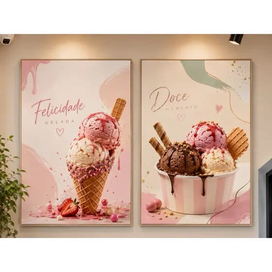 Kit 2 Quadros Decorativos Sorveteria Ice Cream Rosa Moderno