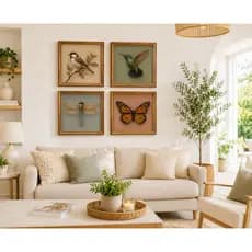 Kit 4 Quadros Decorativos Pássaros e Borboleta Vintage em MDF
