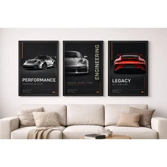 Kit 3 Quadros Tríptico Automotivo Performance Office Escritório Home Office