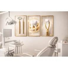 Kit 3 Quadros Odontologia Dourado Branco MDF Decorativo para Consultório Dentista