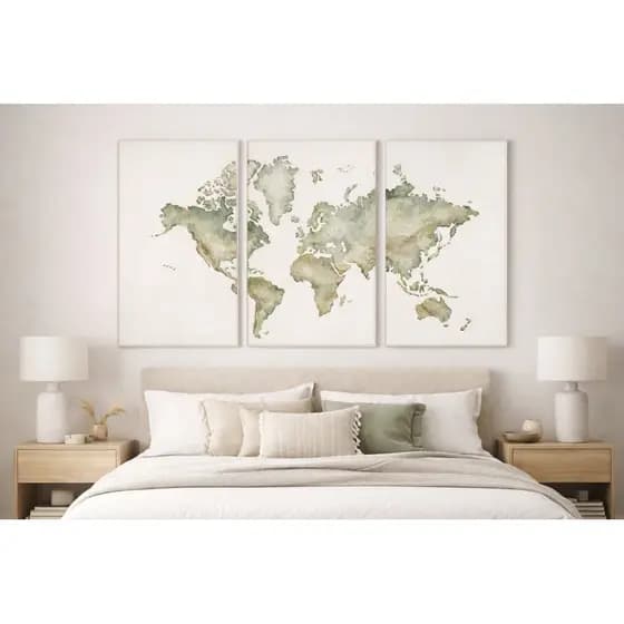 Quadro Mapa Mundi Decorativo 3 Peças Tríptico Aquarela Verde Sala Quarto Moderno