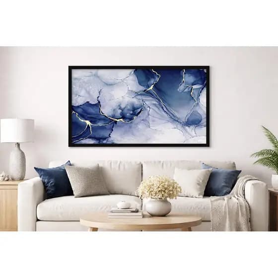 Quadro Abstrato Azul com Dourado Moderno Decorativo Sala Quarto Escritório