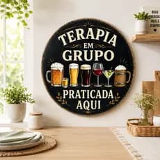 Placa quadro Decorativa Redonda Vintage Terapia em Grupo Praticada Aqui Bar Área Gourmet Churrasqueira