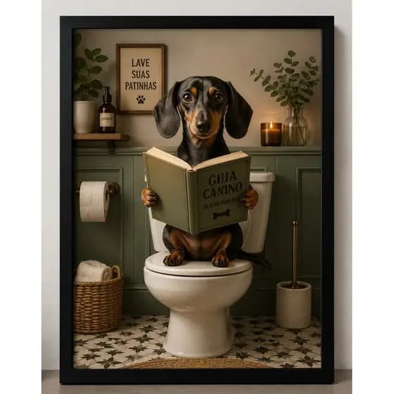 Quadro mdf Decorativo Cachorro Dachshund Lendo Livro Banheiro