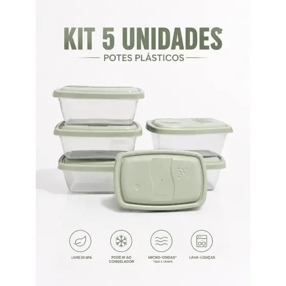 Kit 5 Potes Plasticos Marmita Freezer Cozinha Organização De Casa Geladeira AlimentoS